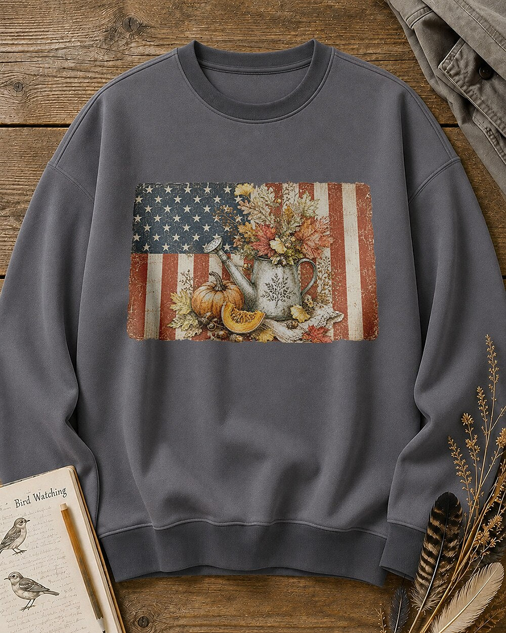 American Flag Pumpkin Watering Can Autumn Garden Sweatshirt