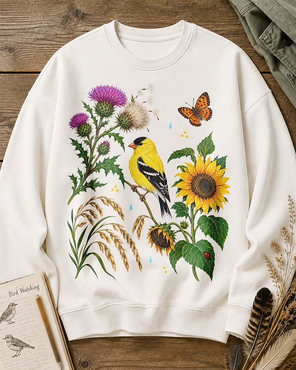 American Goldfinch Sunflower Thistle Wildflower Bird Watching Sweatshirt