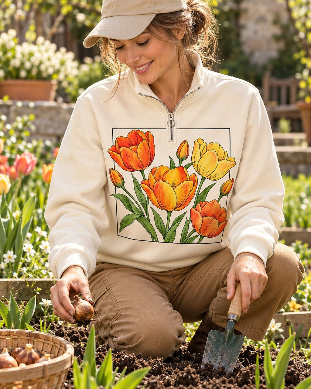 Tulip Bouquet Garden Quarter-Zip Stretch Sweatshirt Spandex UPF50+