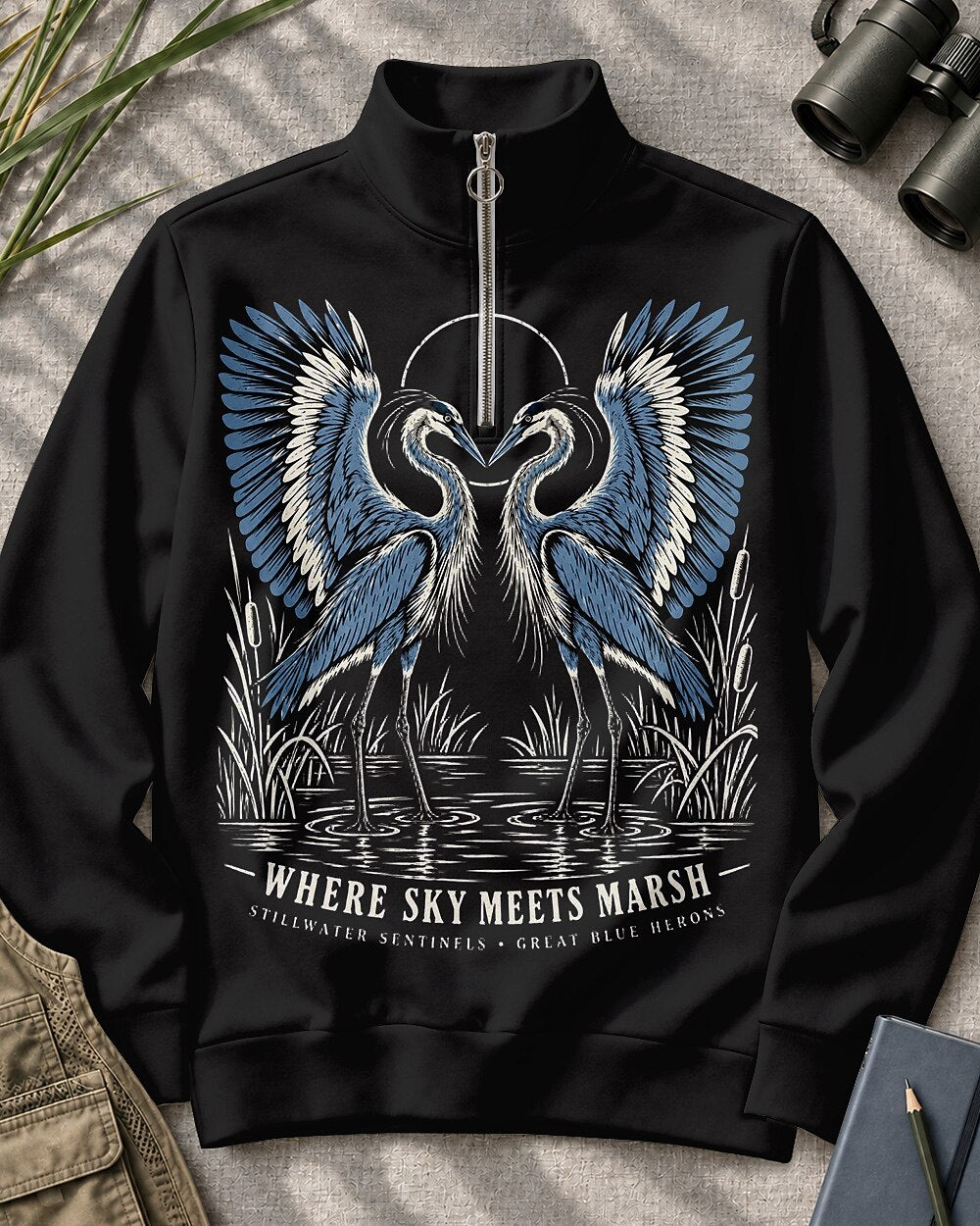 Great Blue Heron Pair Birdwatching Quarter-Zip Stretch Sweatshirt Spandex UPF50+