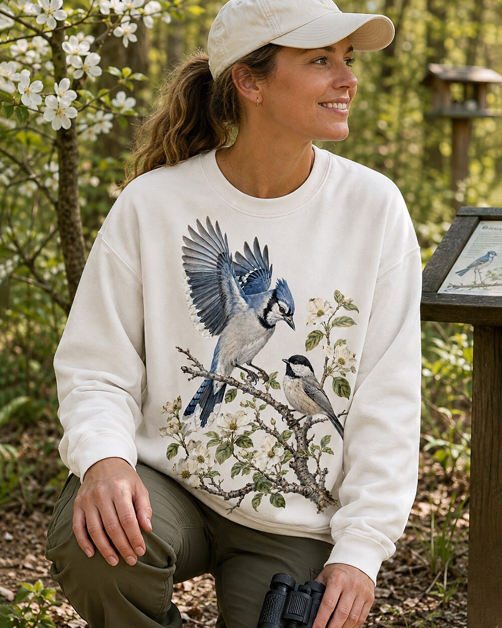 Blue Jay Pair Sunflower Vintage Birdwatching Sweatshirt