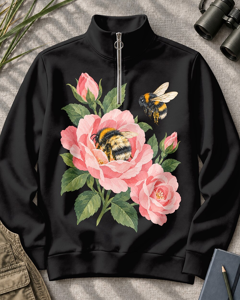 Peony Bees Floral Quarter-Zip Stretch Sweatshirt Spandex UPF50+