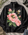 Peony Bees Floral Quarter-Zip Stretch Sweatshirt Spandex UPF50+
