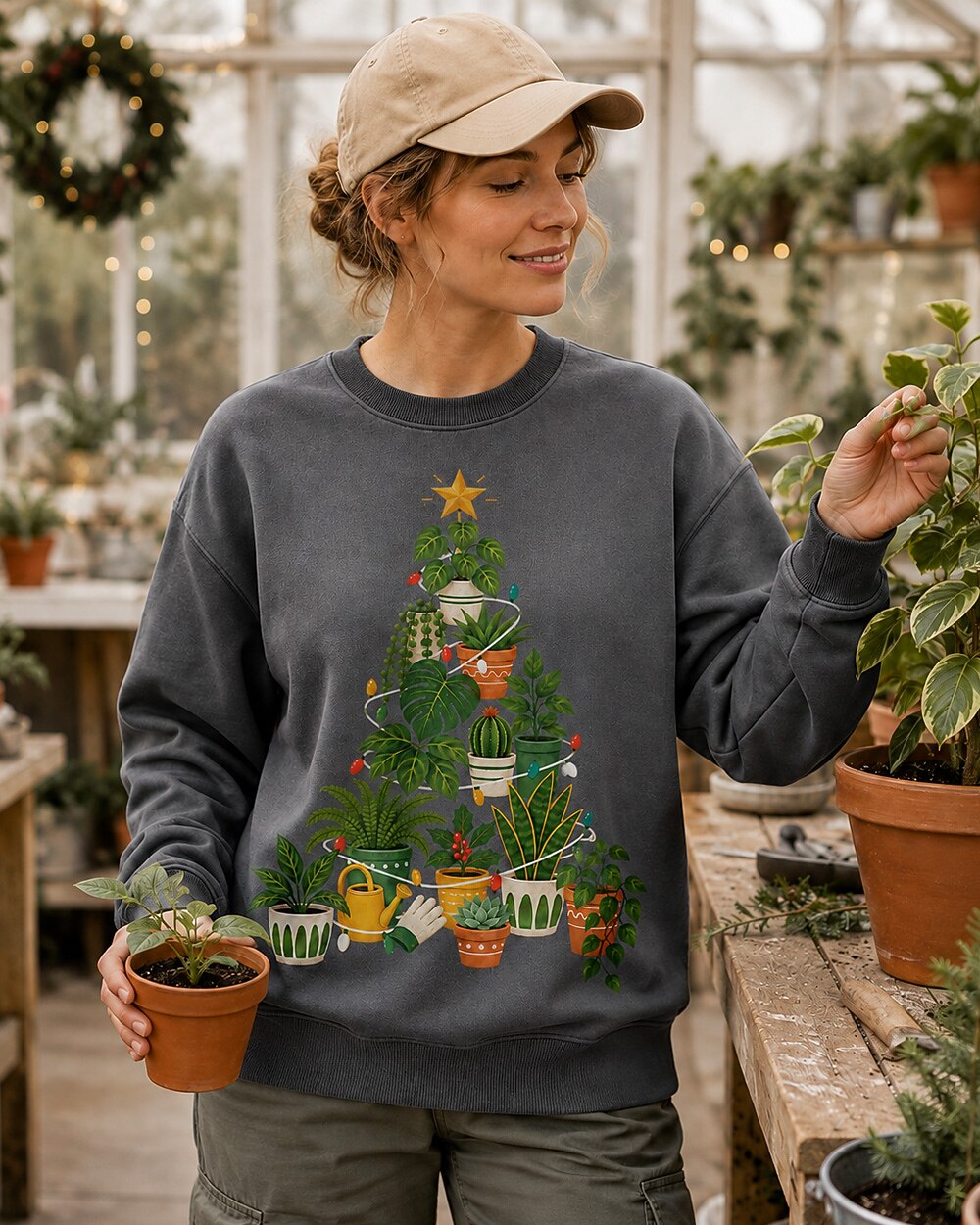 Monstera Potted Houseplant Christmas Tree Gardening Sweatshirt for garden and nature lovers – product image 2