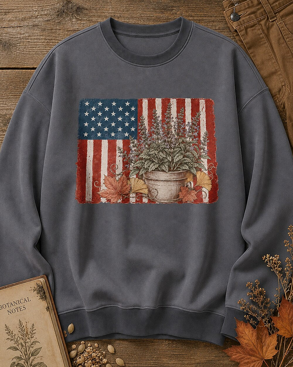 American Flag Potted Herb Autumn Garden Sweatshirt