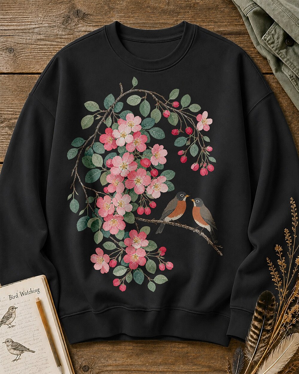 American Robin Pair Apple Blossom Backyard Bird Watching Sweatshirt