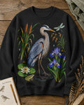 Great Blue Heron Cattails Iris Water Lily Bird Watching Sweatshirt