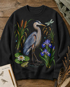 Great Blue Heron Cattails Iris Water Lily Bird Watching Sweatshirt