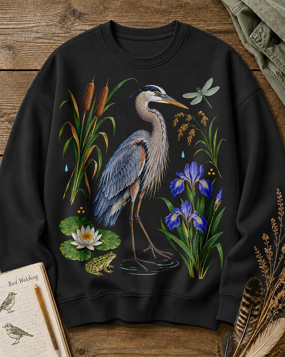 Great Blue Heron Cattails Iris Water Lily Bird Watching Sweatshirt