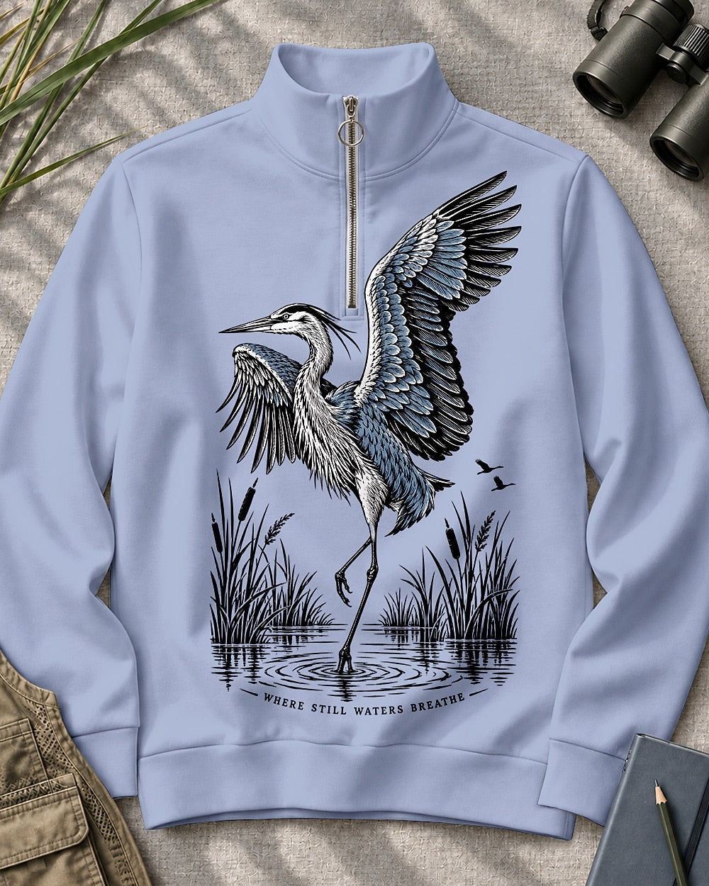 Great Blue Heron Wetland UPF50+ Spandex Quarter-Zip Stretch Sweatshirt