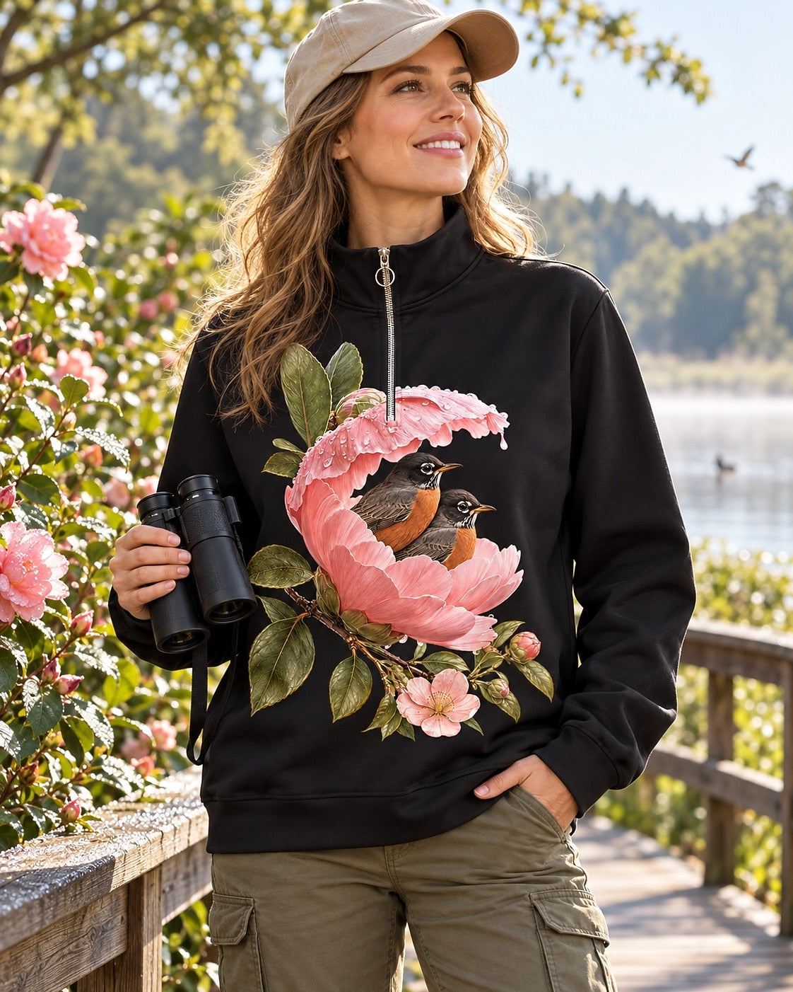 American Robin Peony Floral UPF50+ Spandex Quarter-Zip Stretch Sweatshirt