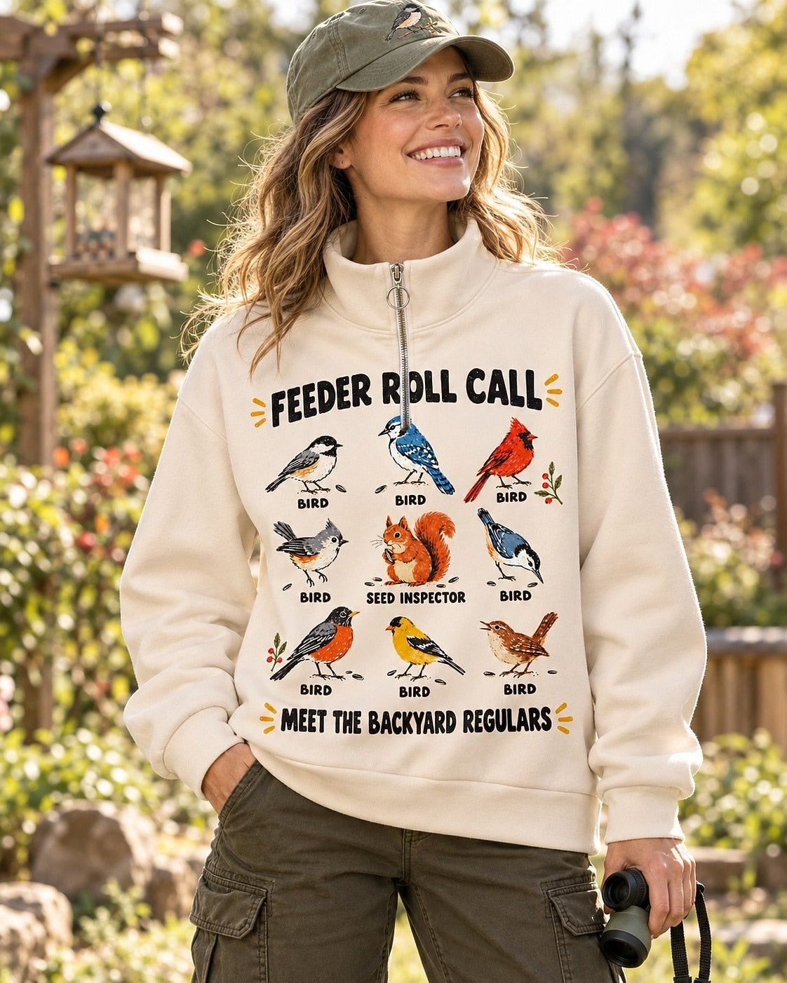 Backyard Birds Squirrel Feeder Roll Call UPF50+ Spandex Quarter-Zip Stretch Sweatshirt