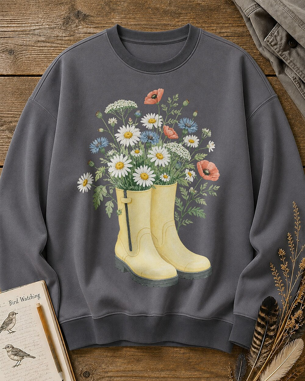 Wildflower Bouquet Rain Boots Cottage Garden Sweatshirt