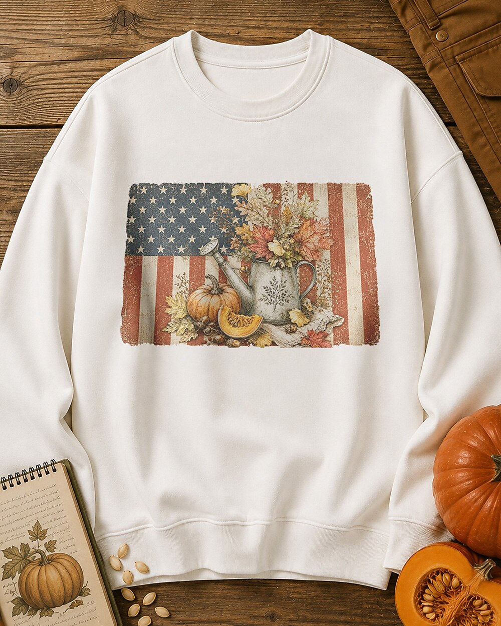 American Flag Pumpkin Watering Can Autumn Garden Sweatshirt