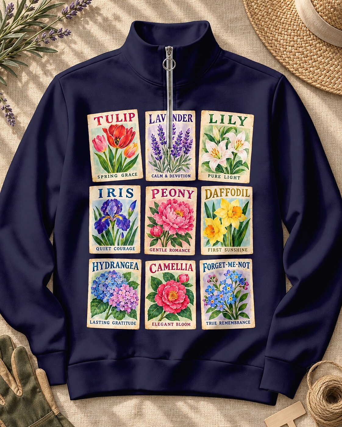 Botanical Flower Cards Quarter-Zip Stretch Sweatshirt Spandex UPF50+