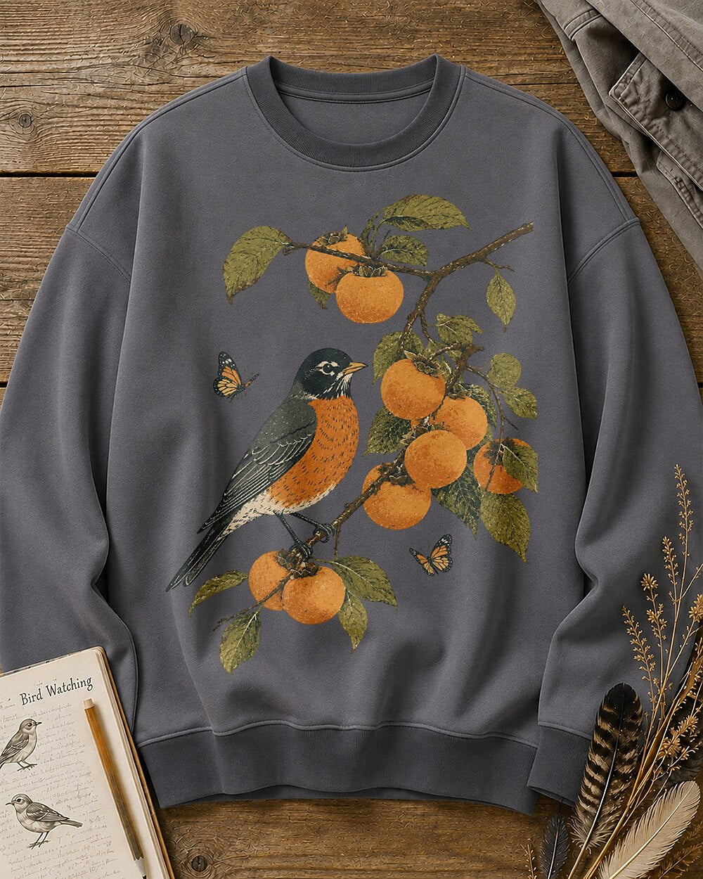 American Robin Persimmon Branch Autumn Birdwatching Sweatshirt