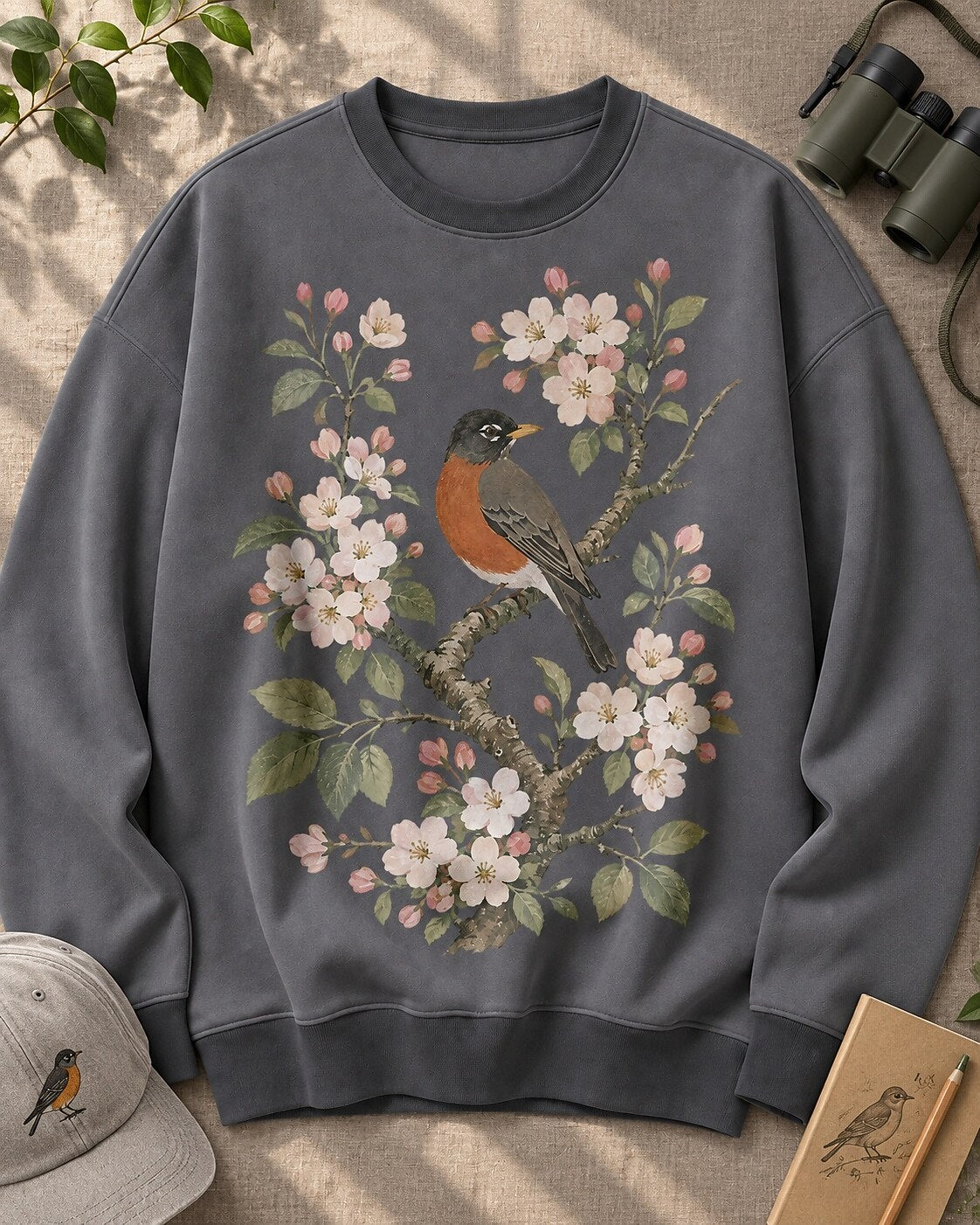 American Robin Apple Blossom Vintage Bird Watching Sweatshirt