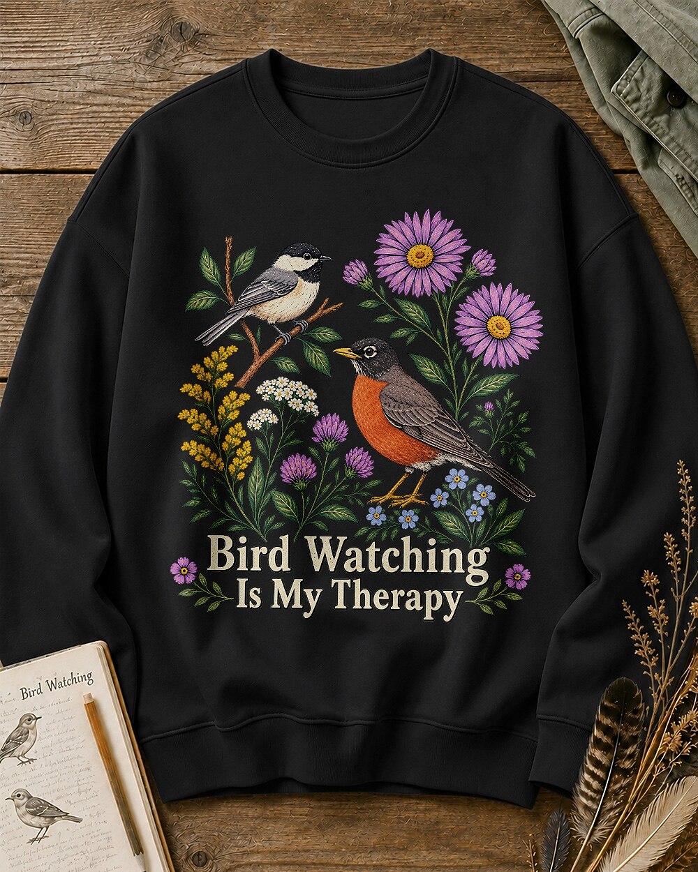 American Robin Chickadee Bird Watching Therapy Wildflower Sweatshirt