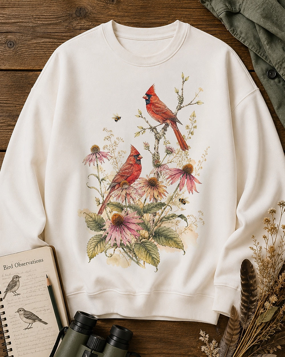 Northern Cardinal Coneflower Bird Watching Crewneck Sweatshirt for birdwatching and garden lovers – product image 1