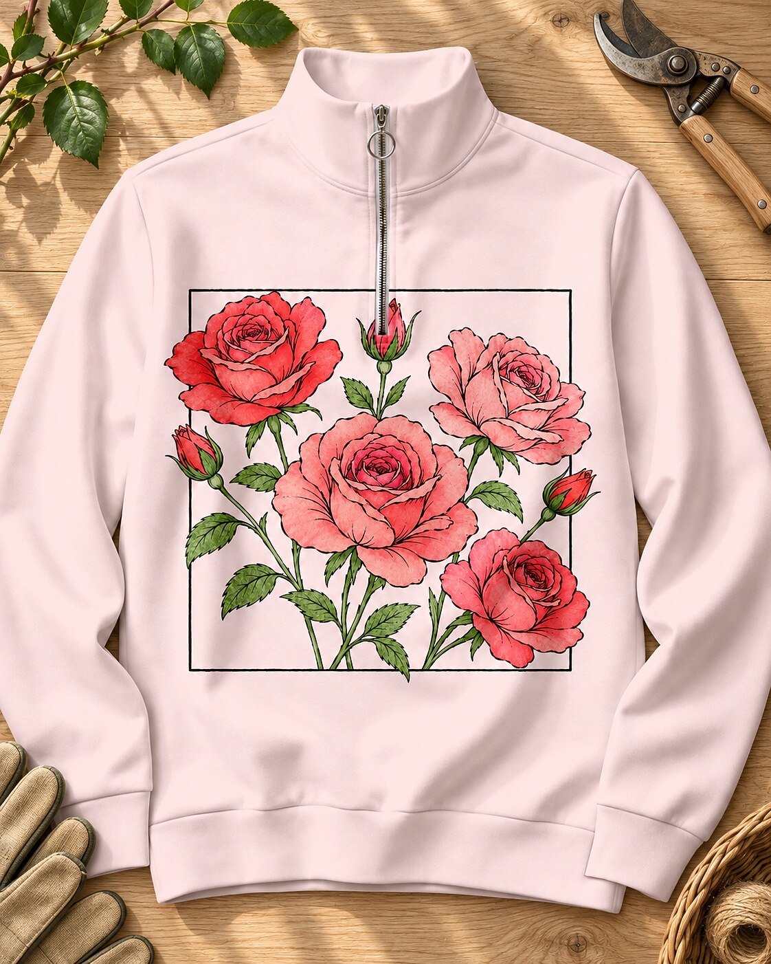 Rose Bouquet Garden Quarter-Zip Stretch Sweatshirt Spandex UPF50+