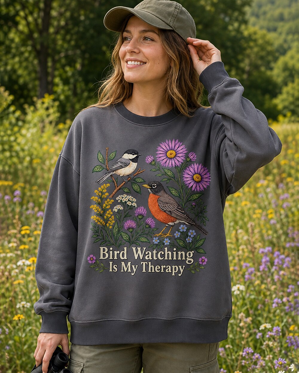 American Robin Chickadee Bird Watching Therapy Wildflower Sweatshirt