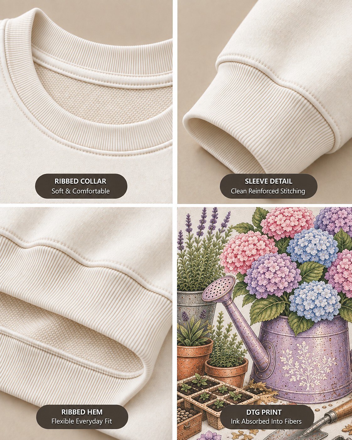 Hydrangea Watering Can Cottage Garden Floral Sweatshirt