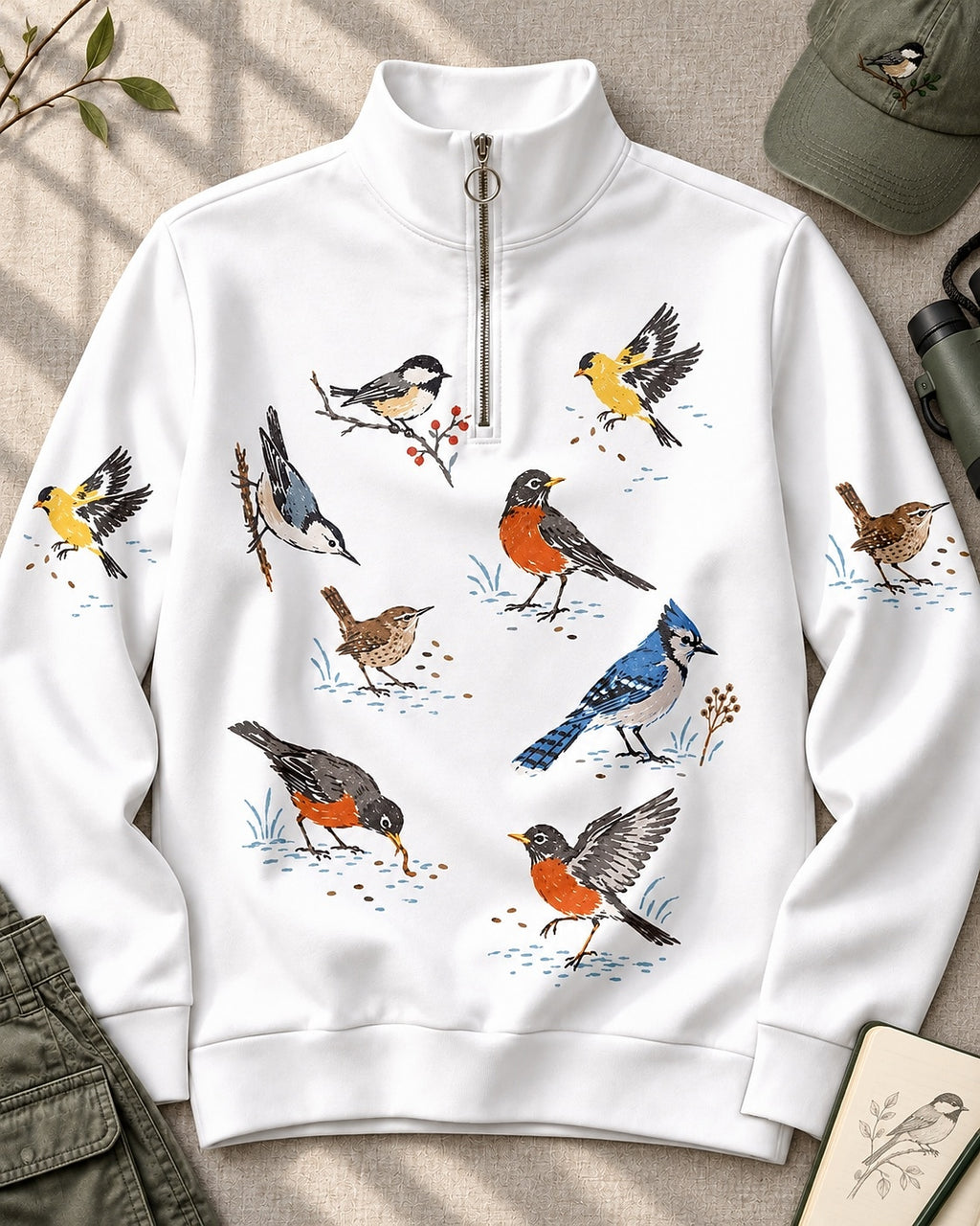 Backyard Birds Robin Blue Jay UPF50+ Spandex Quarter-Zip Stretch Sweatshirt
