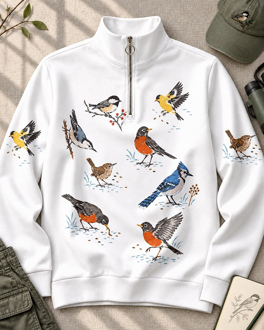 Backyard Birds Robin Blue Jay UPF50+ Spandex Quarter-Zip Stretch Sweatshirt