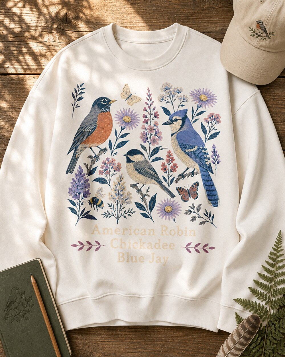 American Robin Blue Jay Chickadee Wildflower Birdwatching Sweatshirt