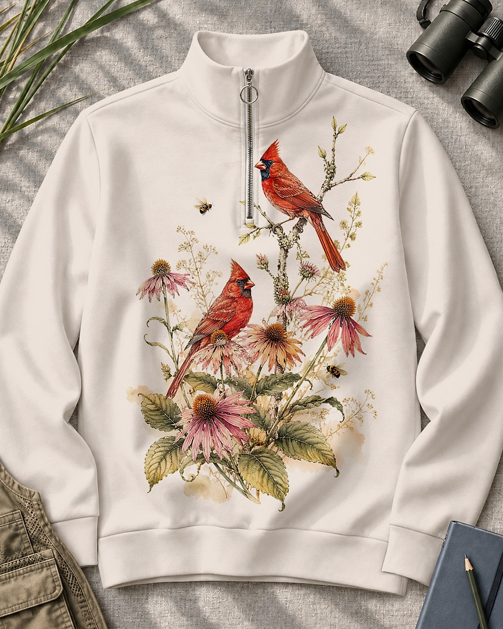 Northern Cardinal Coneflower Garden UPF50+ Spandex Quarter-Zip Stretch Sweatshirt