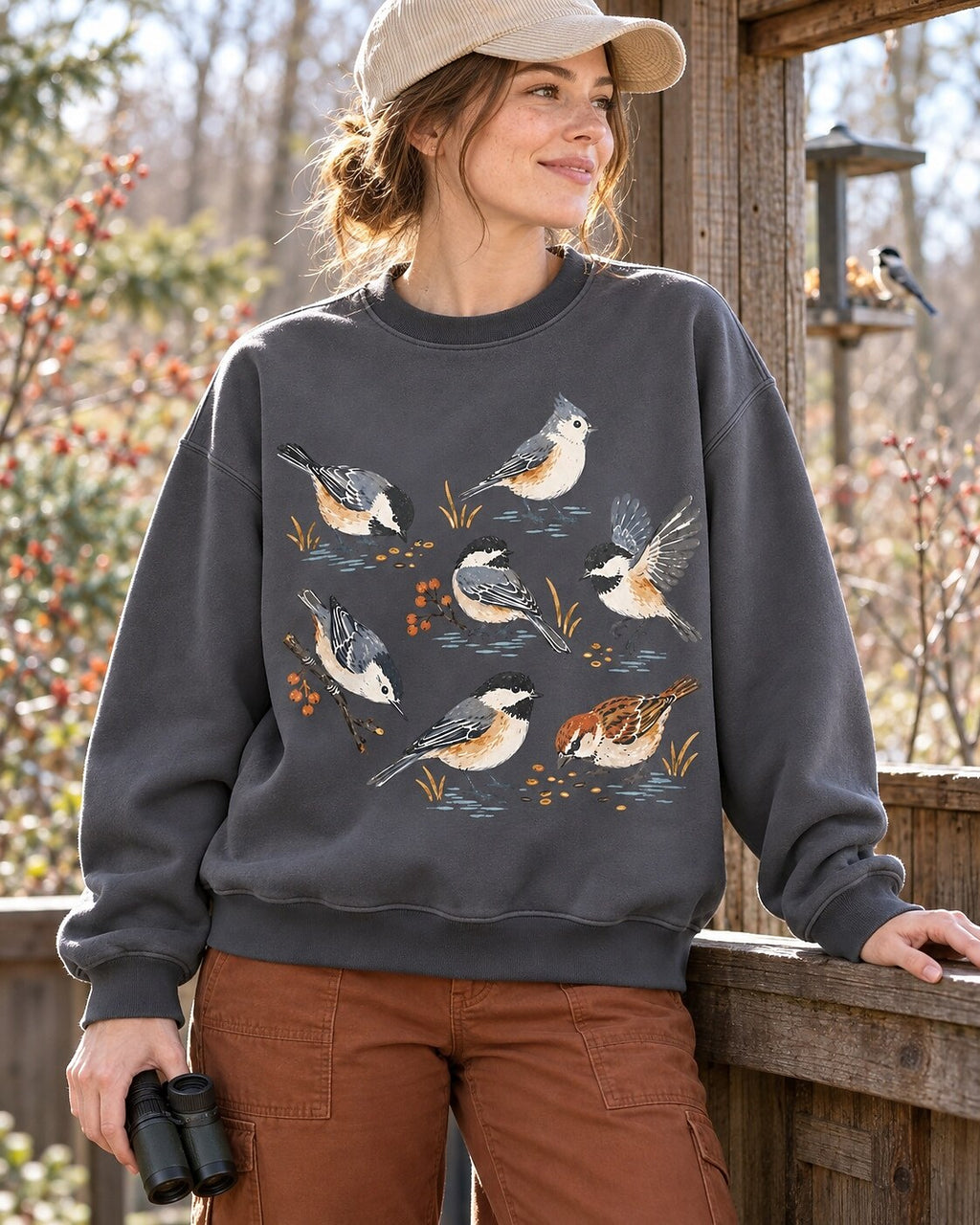 Woodland Chickadees Backyard Birds Graphic Sweatshirt