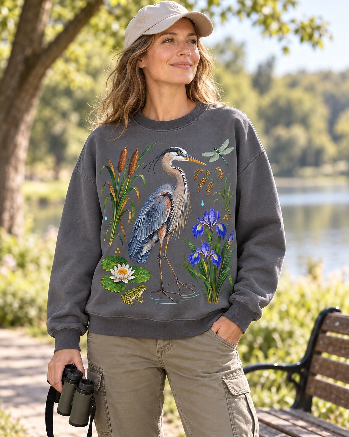 Great Blue Heron Cattails Iris Water Lily Bird Watching Sweatshirt