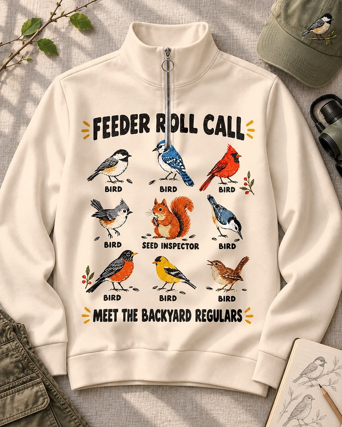 Backyard Birds Squirrel Feeder Roll Call UPF50+ Spandex Quarter-Zip Stretch Sweatshirt