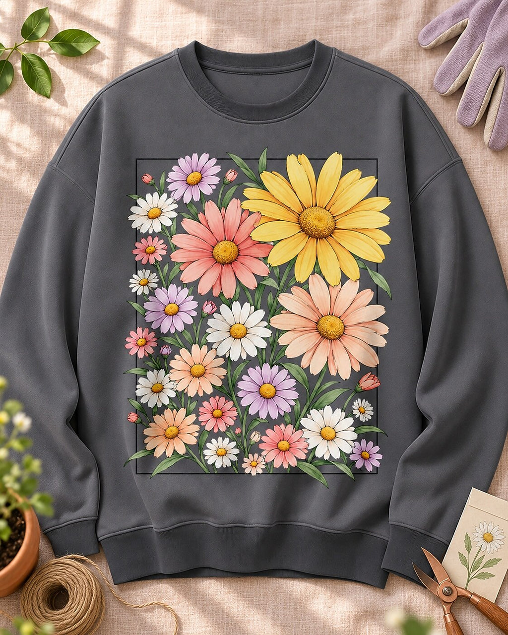 Daisy Garden Frame Floral Botanical Graphic Sweatshirt