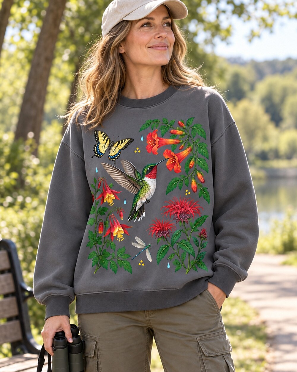 Ruby Throated Hummingbird Wildflower Garden Bird Watching Sweatshirt