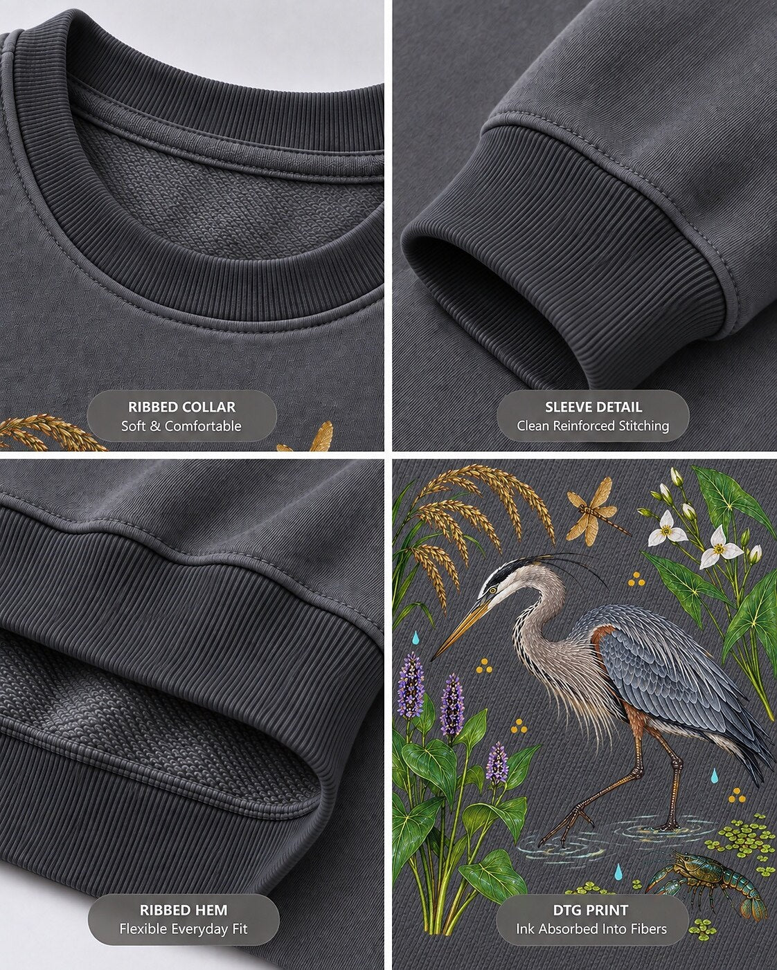 Great Blue Heron Wetland Grasses Wildflower Bird Watching Sweatshirt