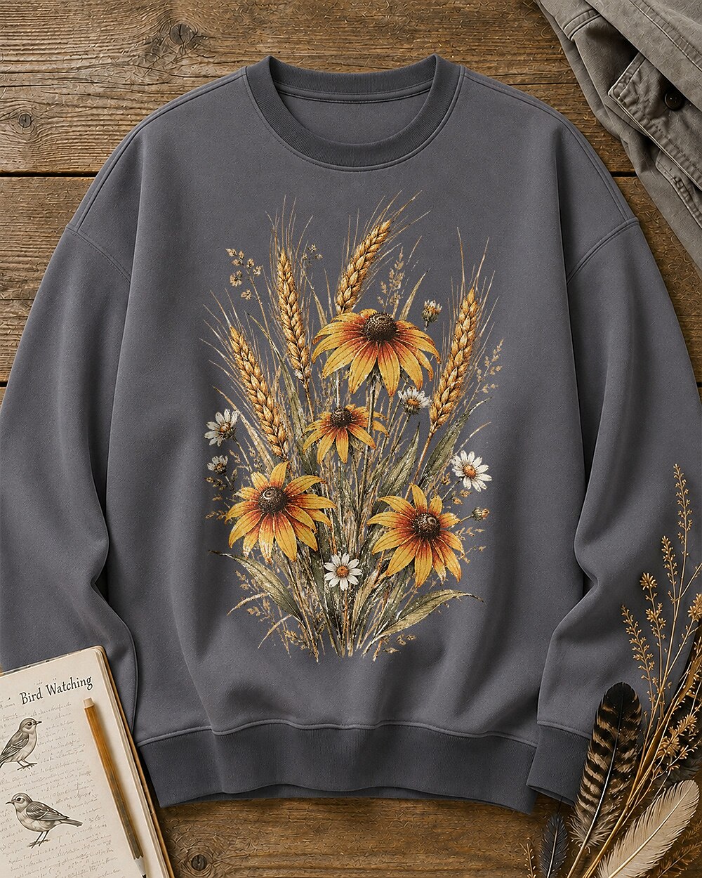 Coneflower Wheat Daisy Vintage Country Garden Sweatshirt