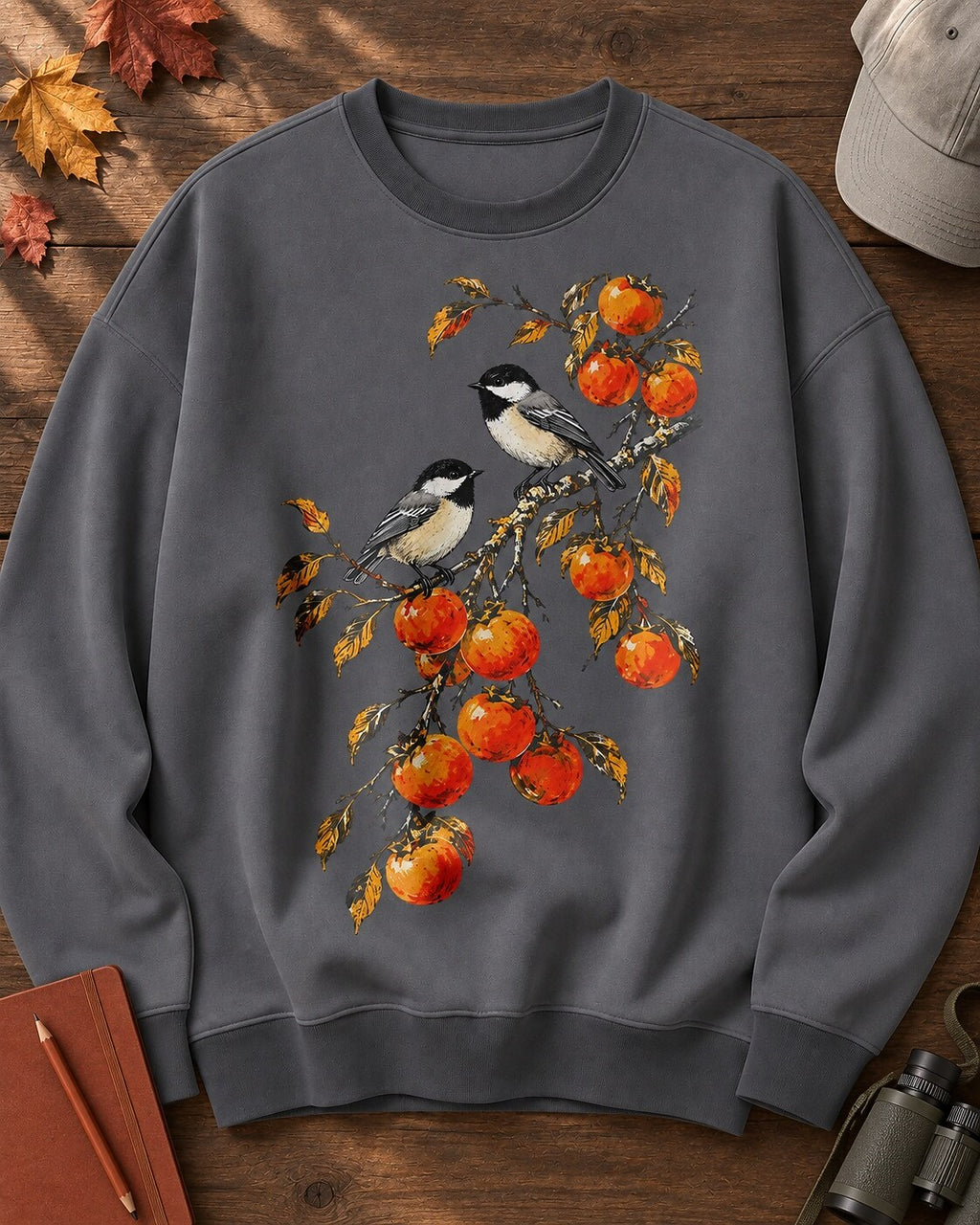 Black Capped Chickadee Persimmon Branch Autumn Bird Watching Sweatshirt