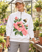 Peony Bees Floral Quarter-Zip Stretch Sweatshirt Spandex UPF50+