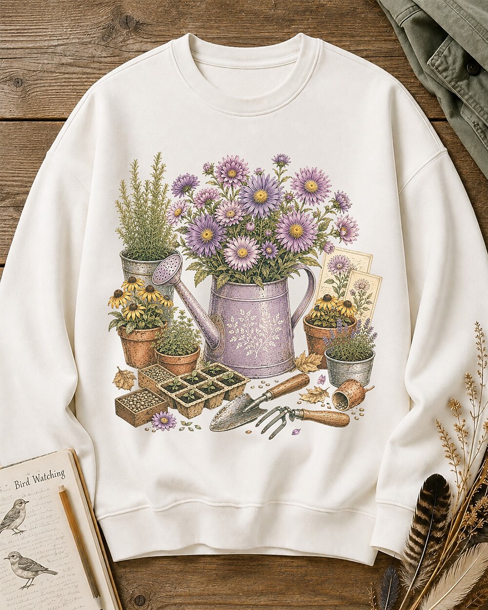 Purple Aster Black Eyed Susan Watering Can Garden Sweatshirt