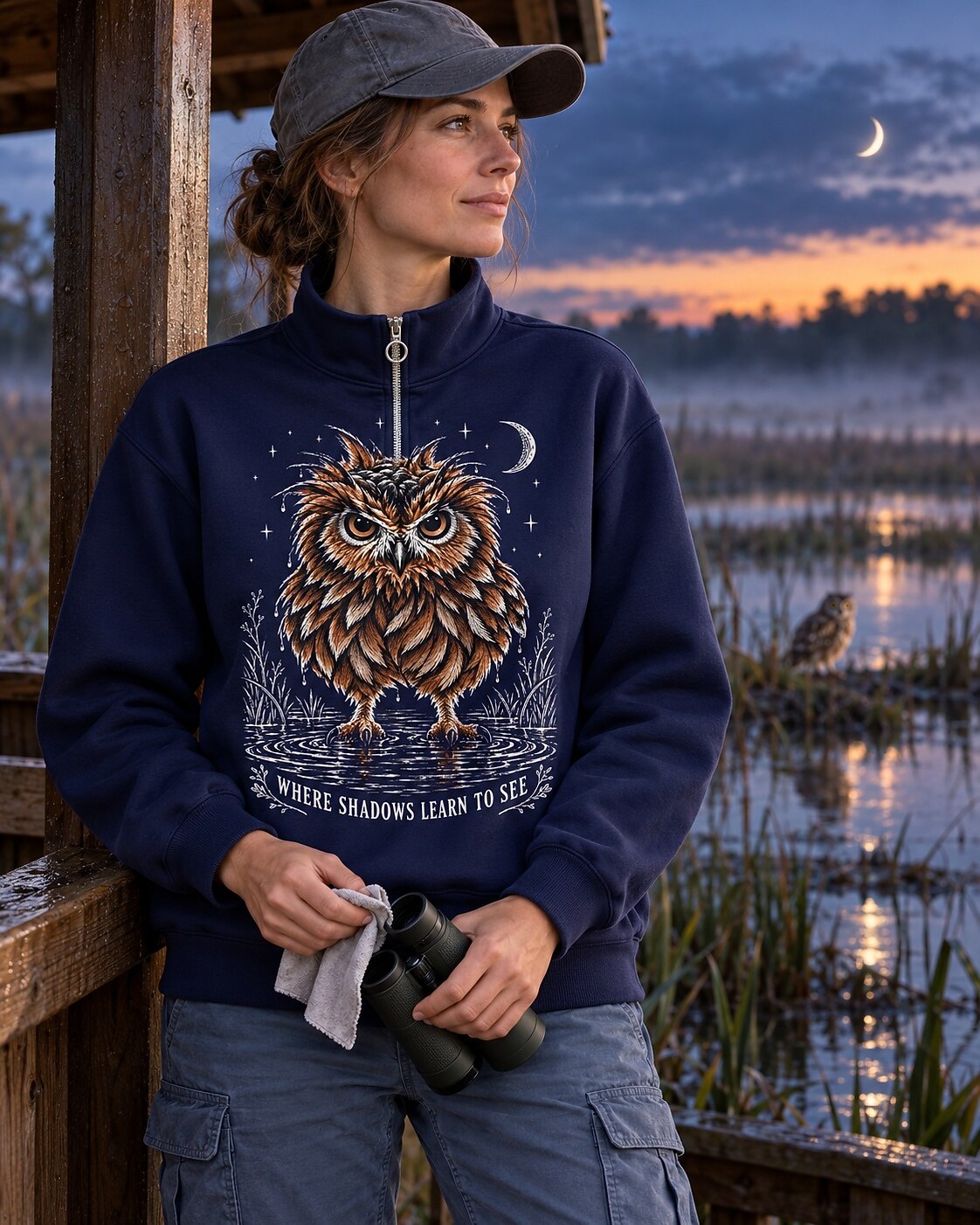 Owl Marsh Birdwatching Quarter-Zip Stretch Sweatshirt Spandex UPF50+