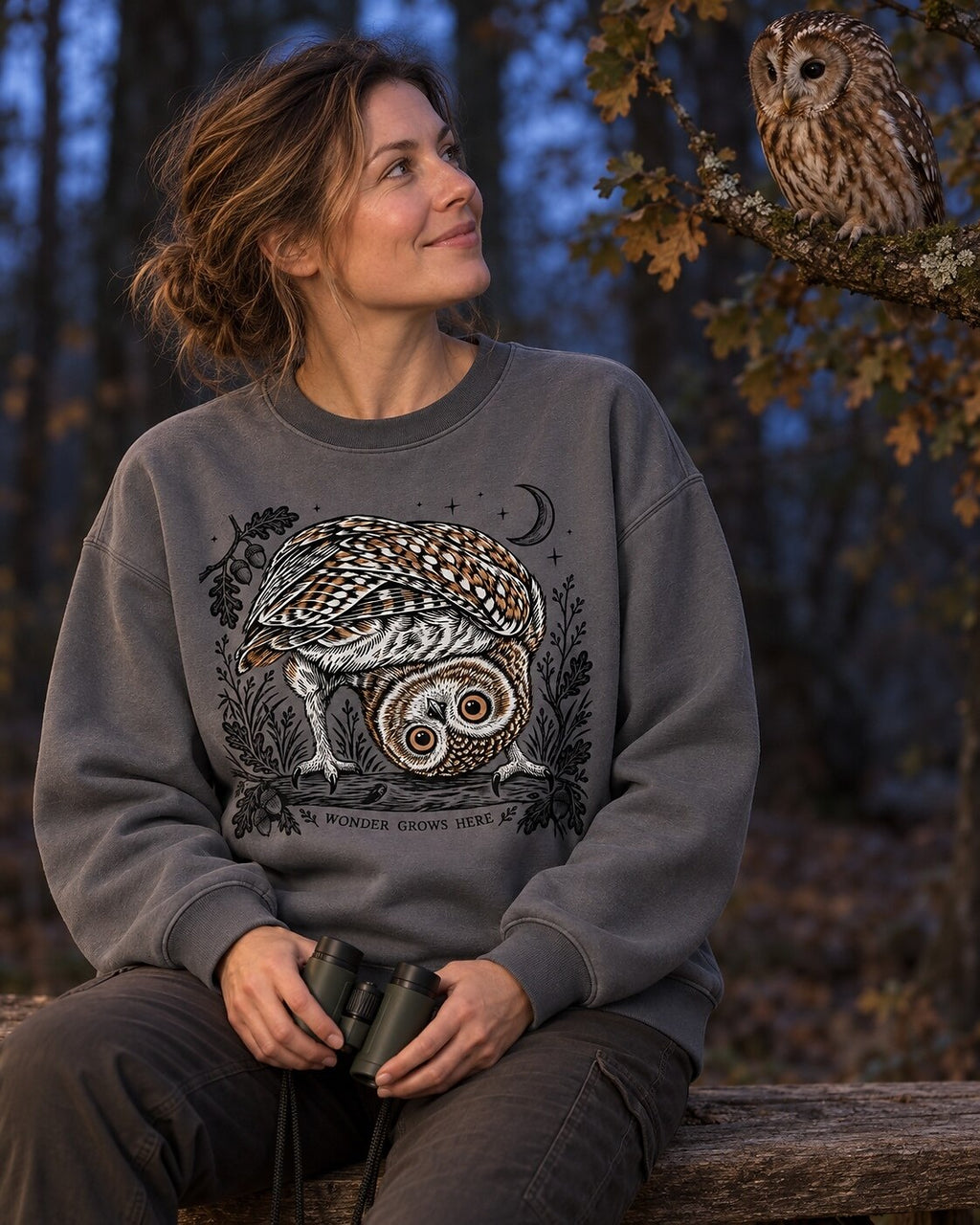 Owl Moonlit Oak Branch Night Bird Watching Sweatshirt