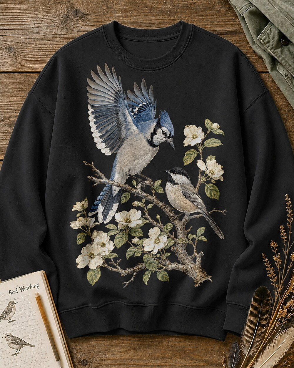 Blue Jay Pair Sunflower Vintage Birdwatching Sweatshirt