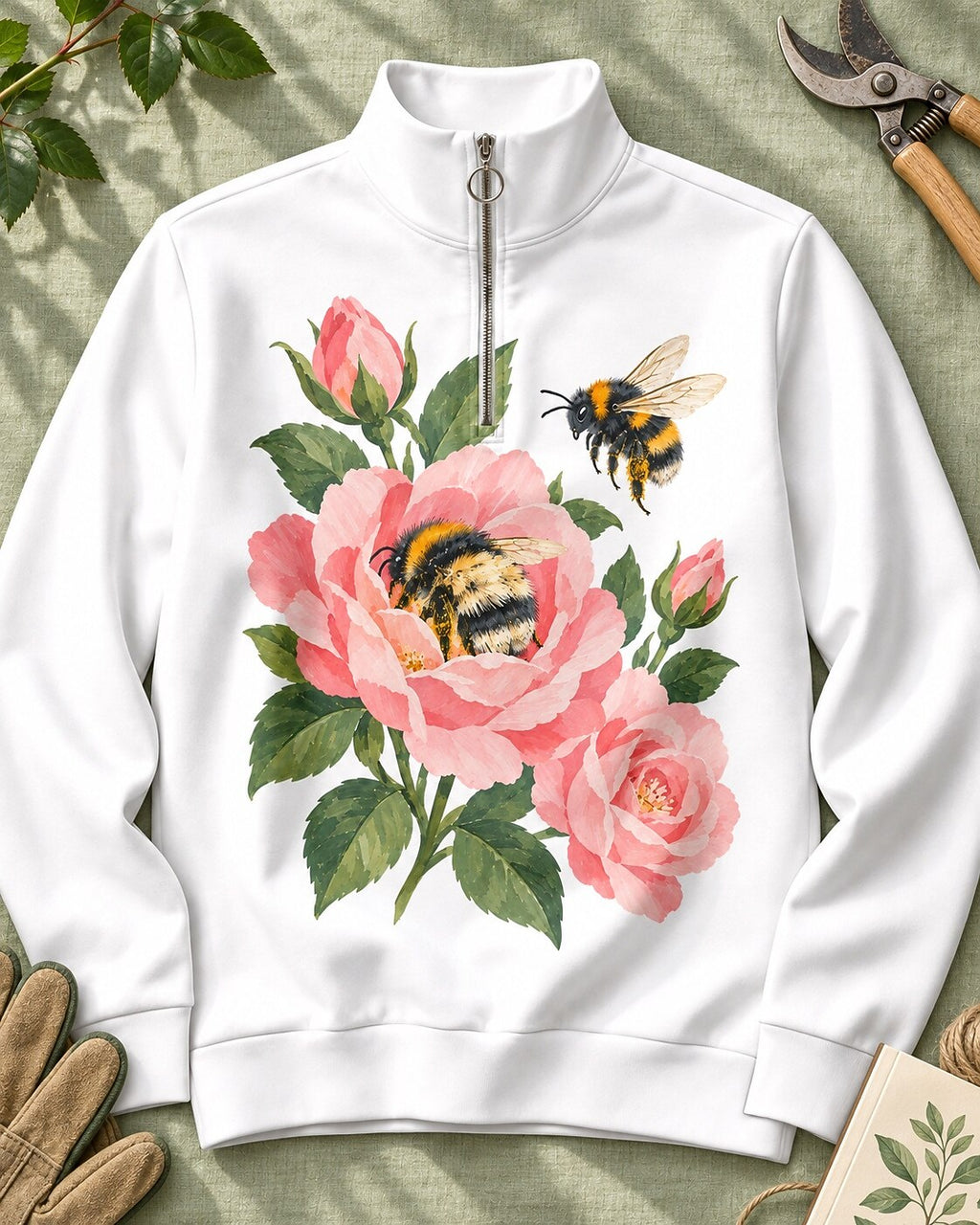 Peony Bees Floral Quarter-Zip Stretch Sweatshirt Spandex UPF50+