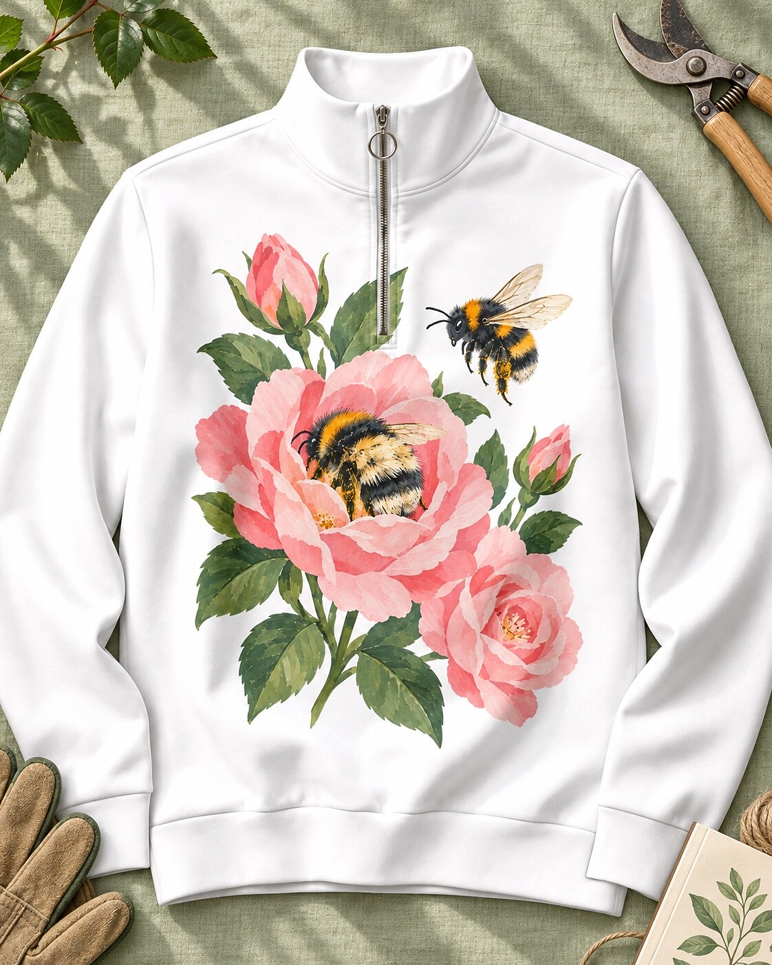 Peony Bees Floral Quarter-Zip Stretch Sweatshirt Spandex UPF50+