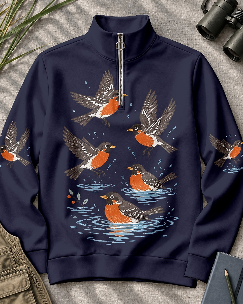 American Robin Bird Bath UPF50+ Spandex Quarter-Zip Stretch Sweatshirt
