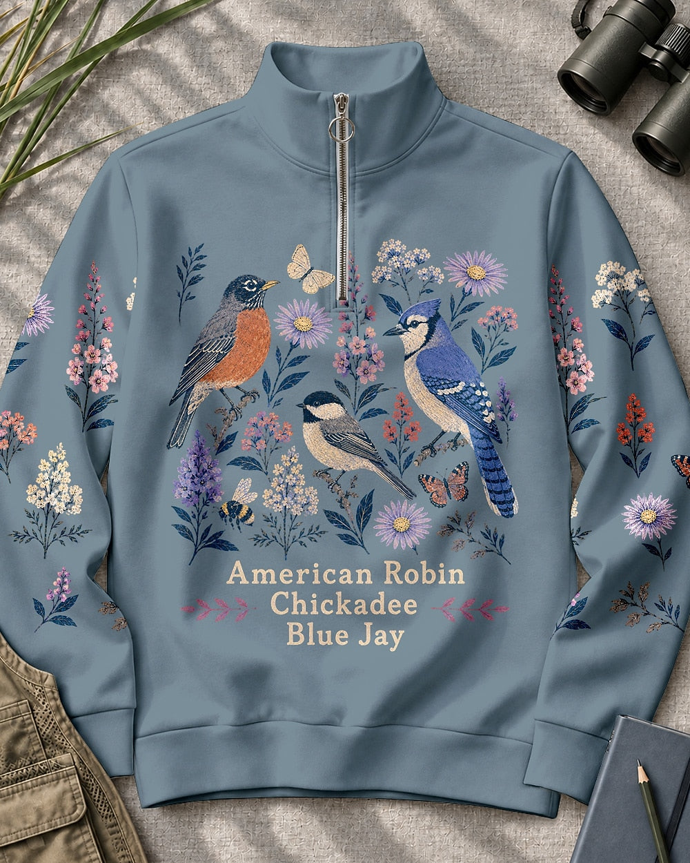 American Robin Chickadee Blue Jay Floral UPF50+ Spandex Quarter-Zip Stretch Sweatshirt