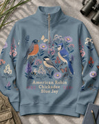 American Robin Chickadee Blue Jay Floral UPF50+ Spandex Quarter-Zip Stretch Sweatshirt