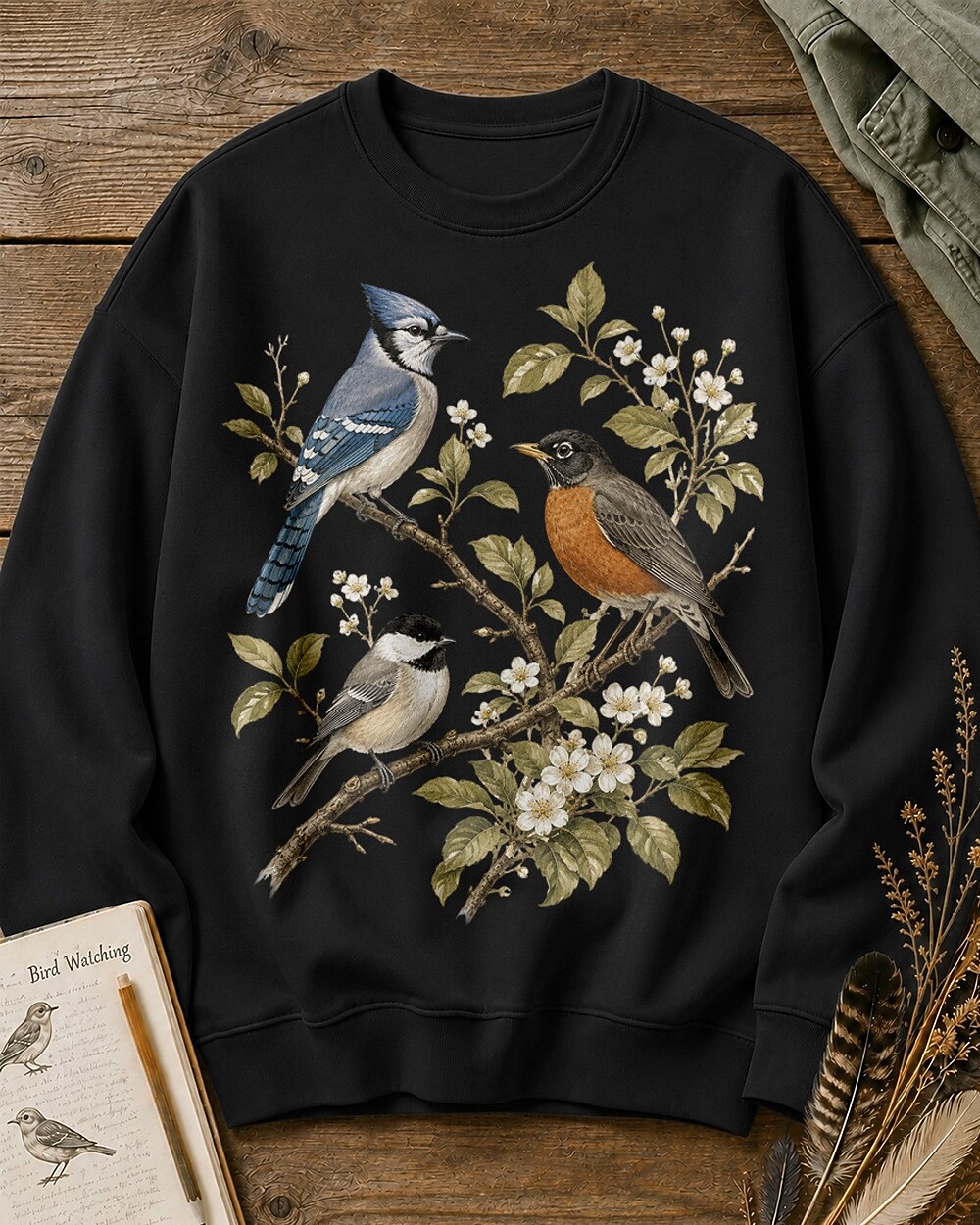 Blue Jay American Robin Chickadee Blossom Branch Sweatshirt