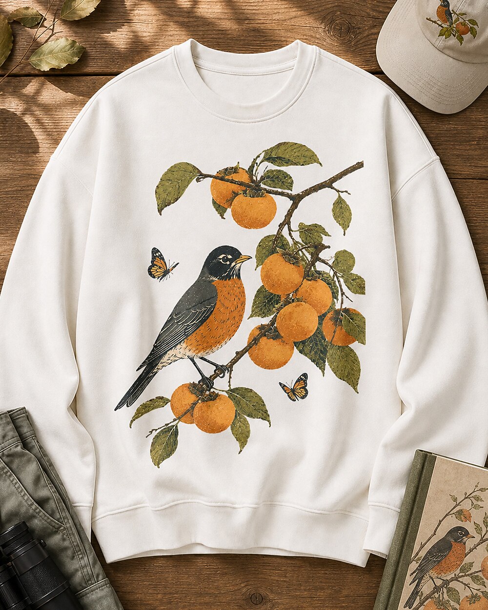 American Robin Persimmon Branch Autumn Birdwatching Sweatshirt